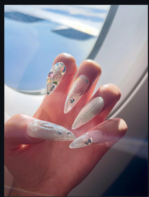 Milky almond nails with 3D embellishment by NAIL YEO:UN, Eastwood